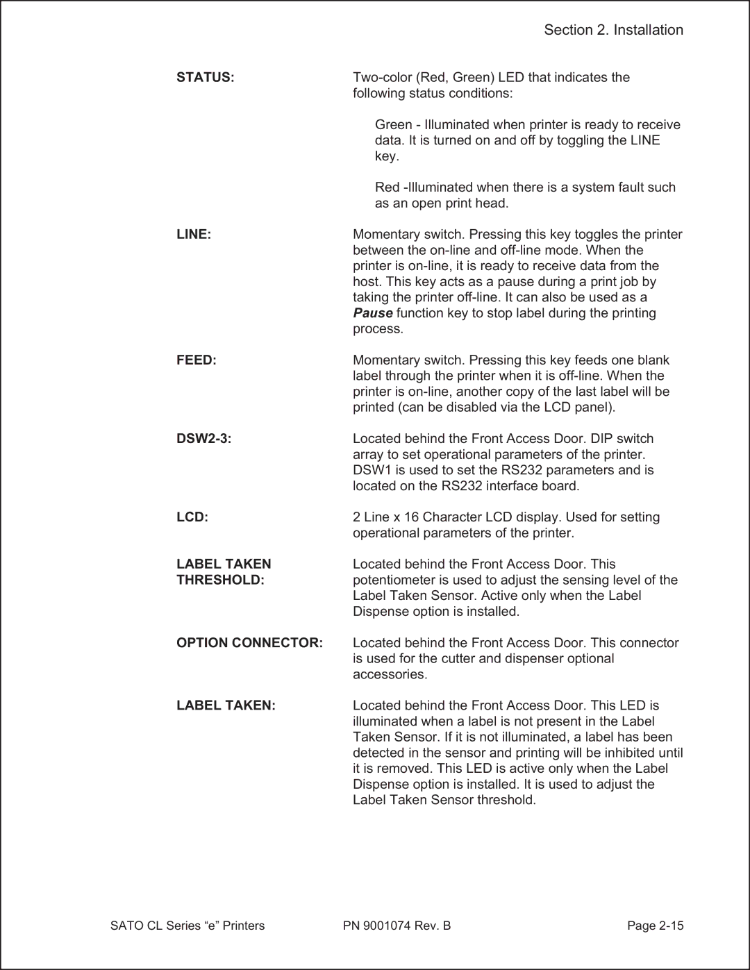 SATO 408e manual Status, Label Taken, Threshold, Option Connector 