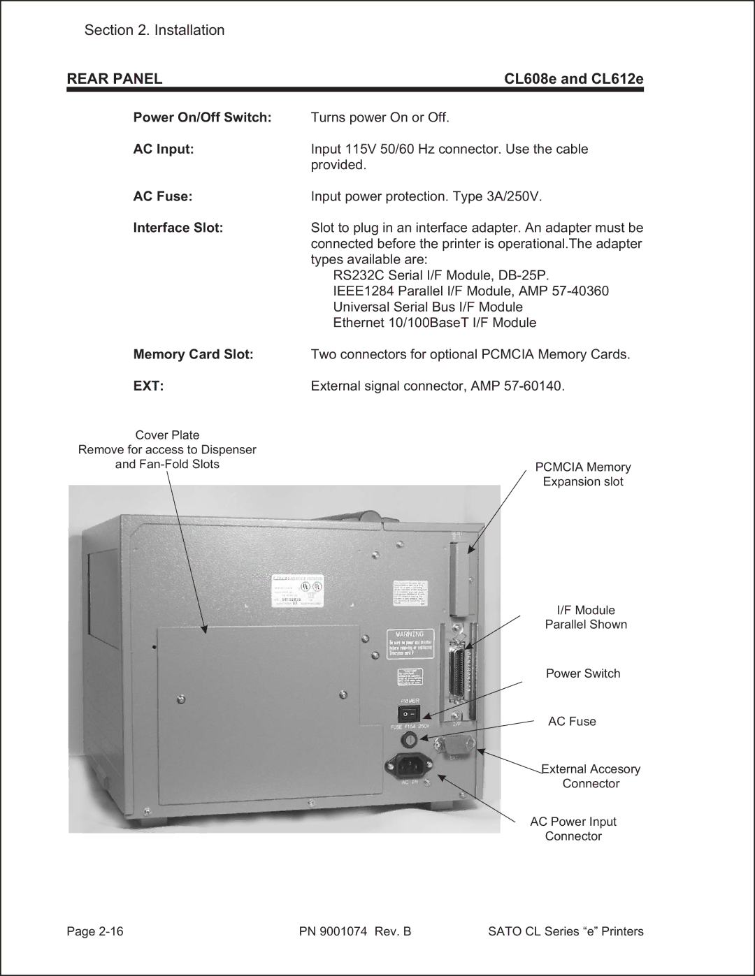 SATO 408e manual Rear Panel, Ext 