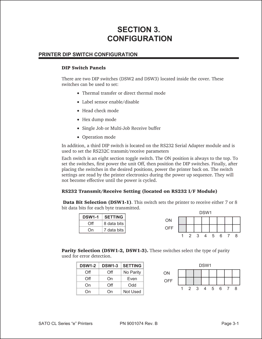 SATO 408e manual Section Configuration, Printer DIP Switch Configuration, DIP Switch Panels, Setting 