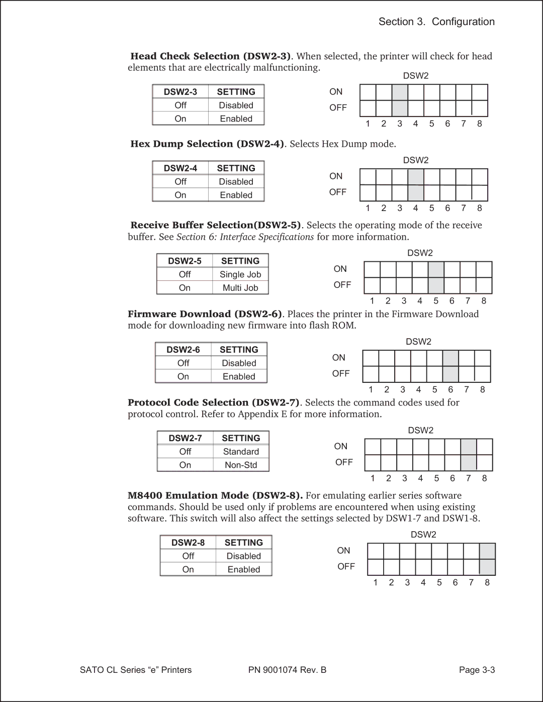 SATO 408e manual Hex Dump Selection DSW2-4. Selects Hex Dump mode 