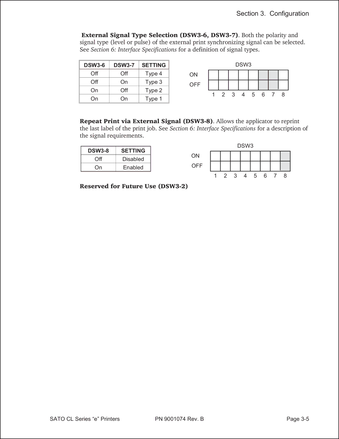 SATO 408e manual Reserved for Future Use DSW3-2 