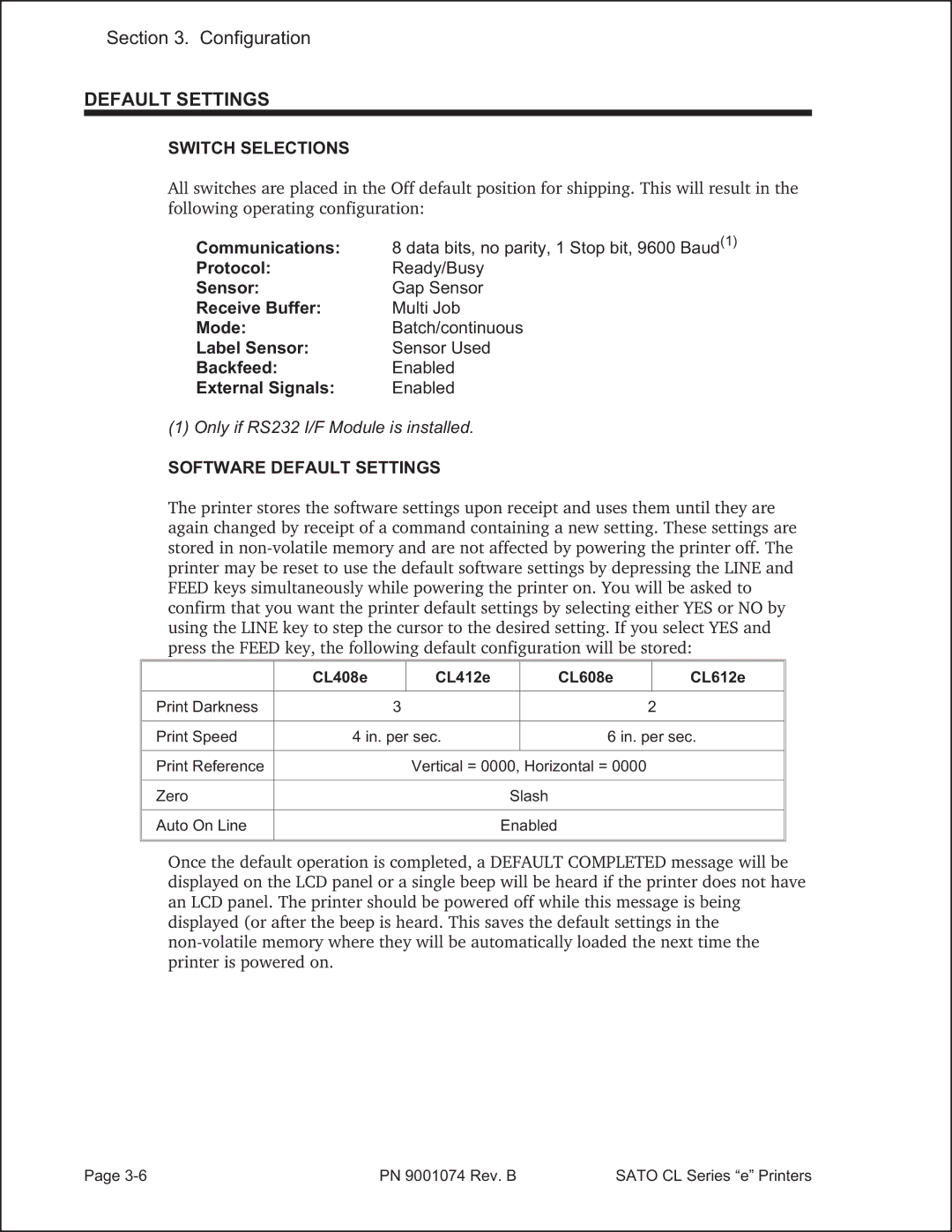 SATO 408e manual Switch Selections, Software Default Settings 