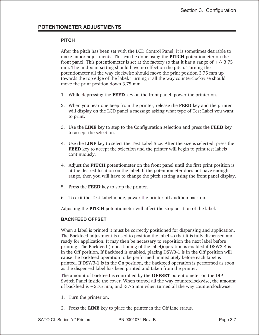 SATO 408e manual Potentiometer Adjustments, Backfeed Offset 