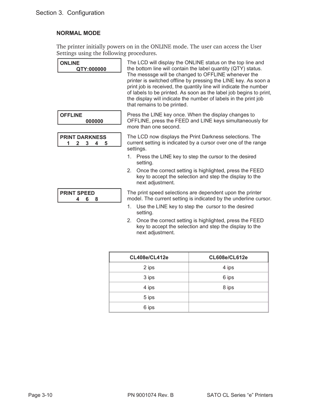 SATO 408e manual Normal Mode, Online QTY000000, Offline, Print Darkness 1 2 3 4 Print Speed 4 6 