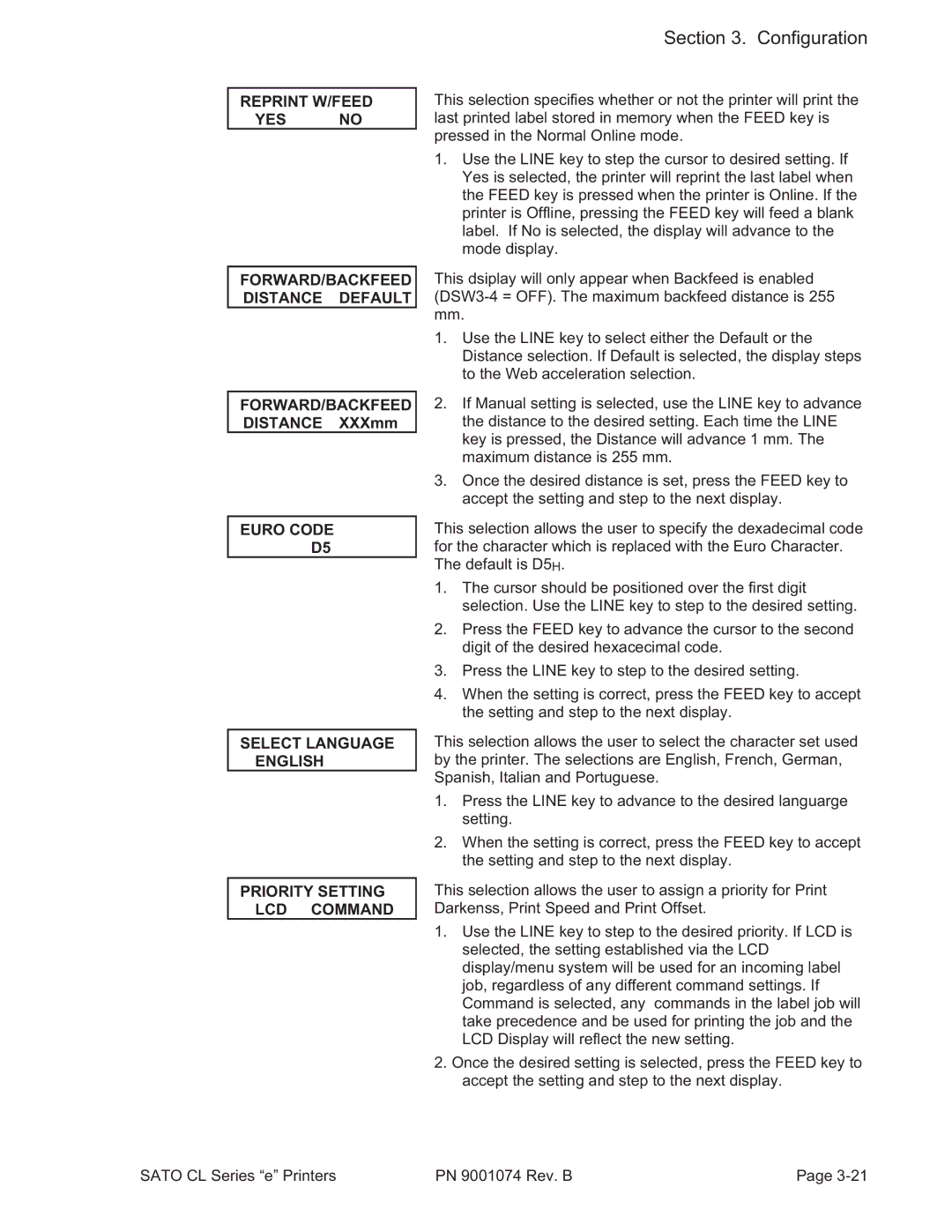 SATO 408e manual Reprint W/FEED YES no FORWARD/BACKFEED Distance Default 