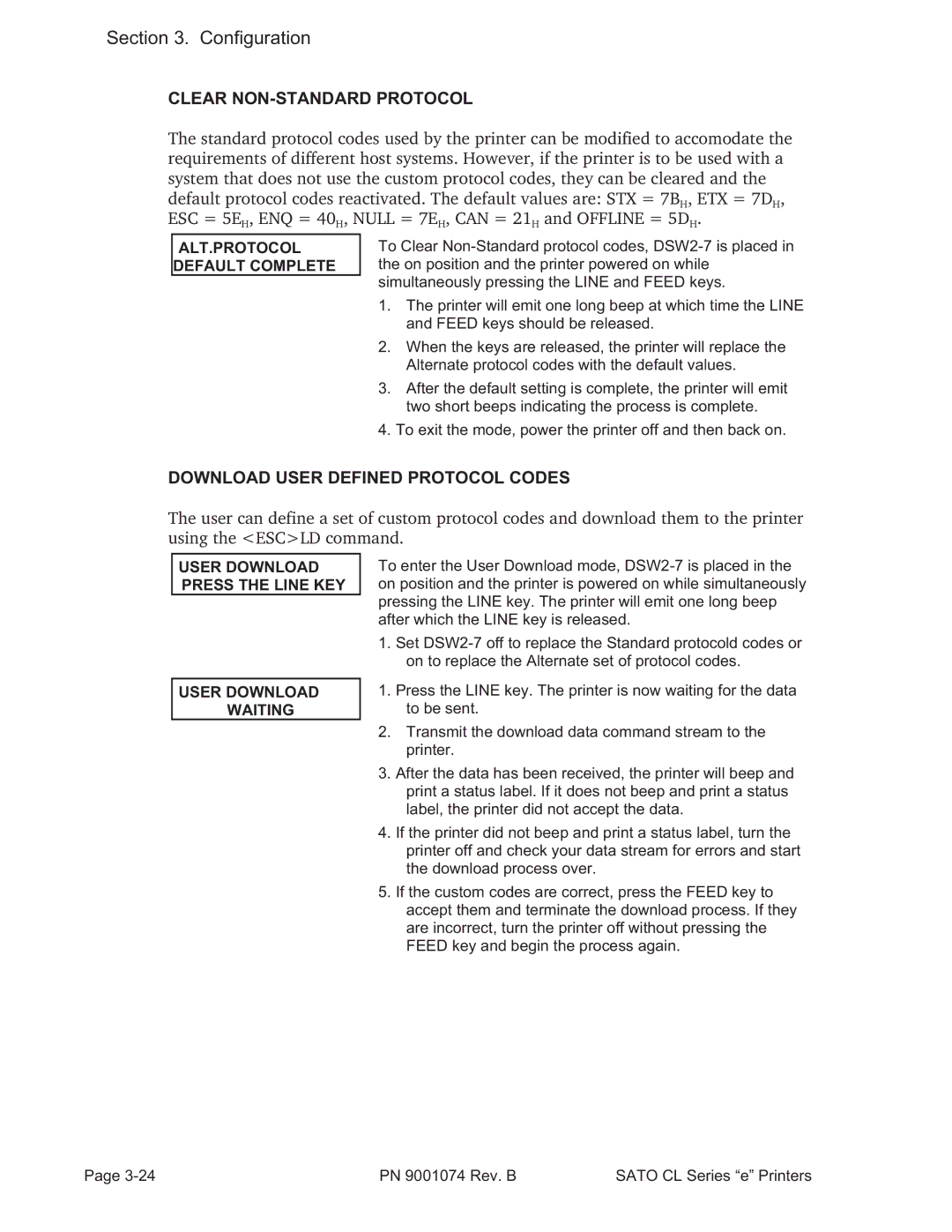 SATO 408e manual Clear NON-STANDARD Protocol, Download User Defined Protocol Codes, ALT.PROTOCOL Default Complete 