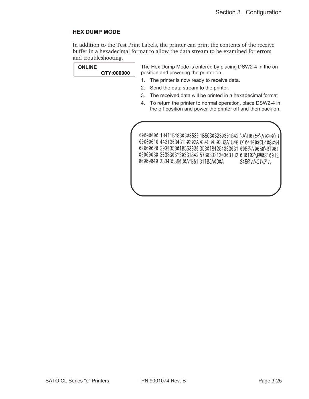 SATO 408e manual HEX Dump Mode, Online 