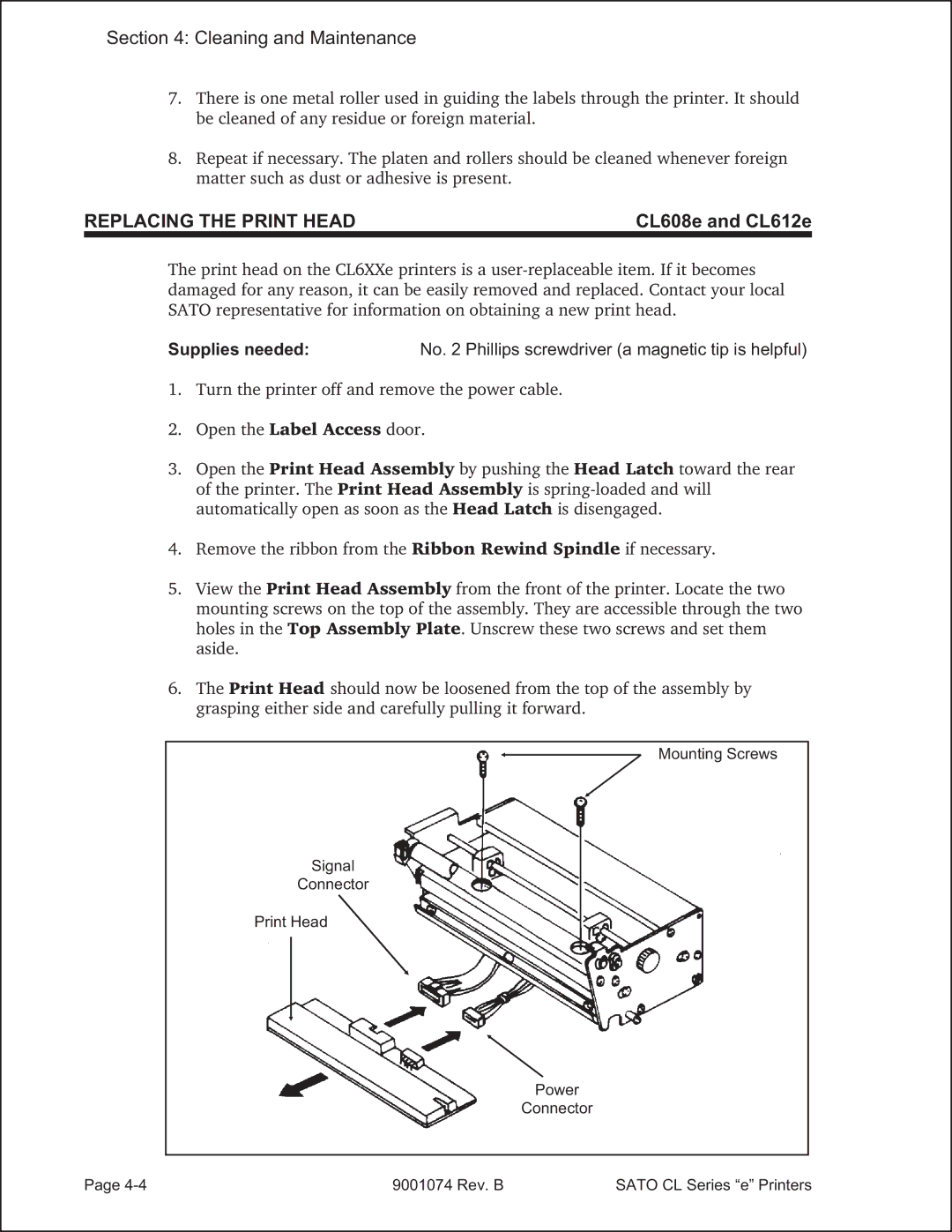 SATO 408e manual Replacing the Print Head 