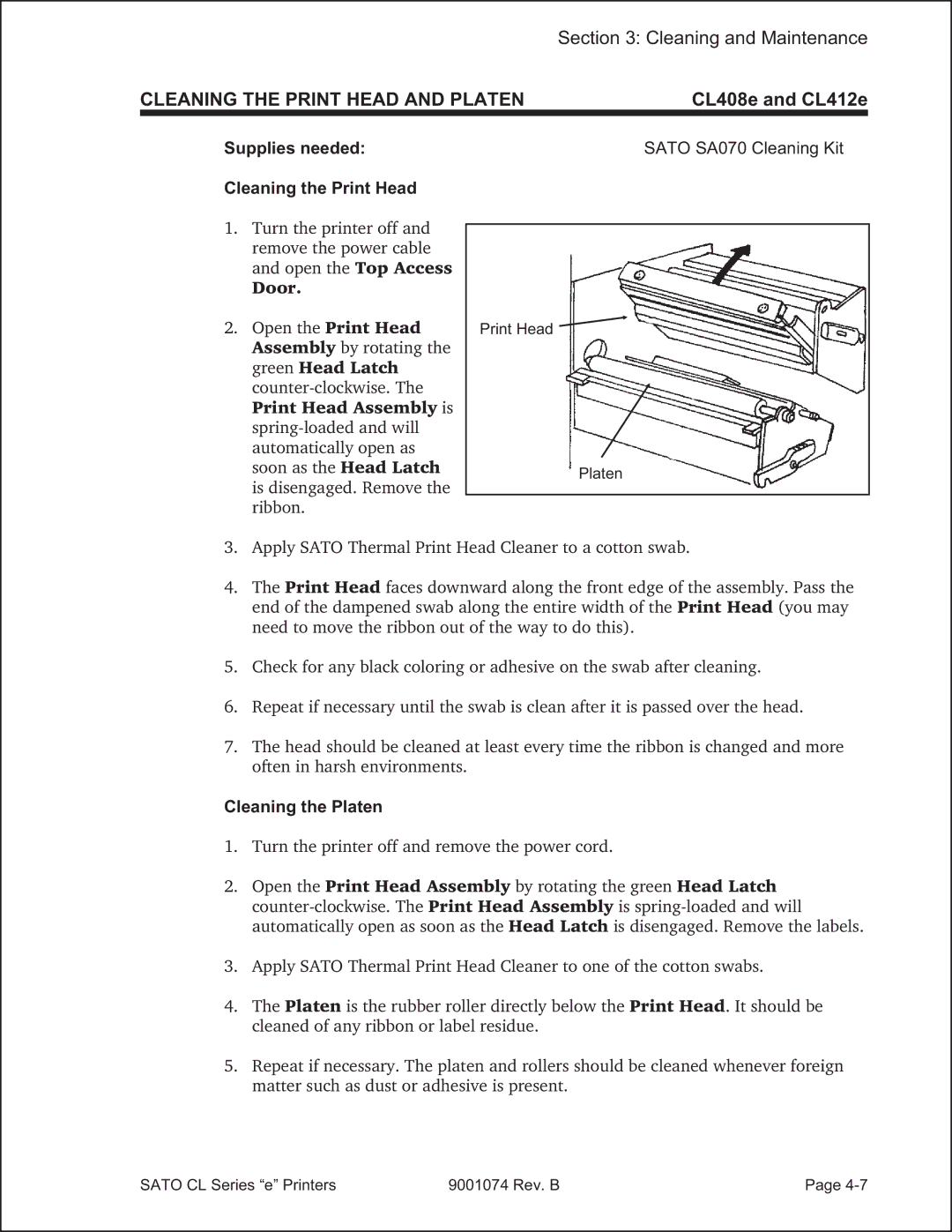 SATO 408e manual Cleaning the Print Head and Platen, Supplies needed Cleaning the Print Head, Cleaning the Platen 