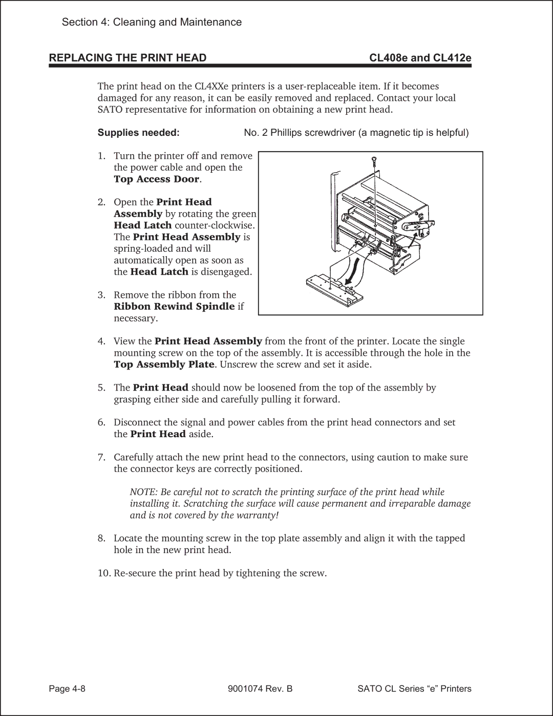 SATO 408e manual Replacing the Print Head 