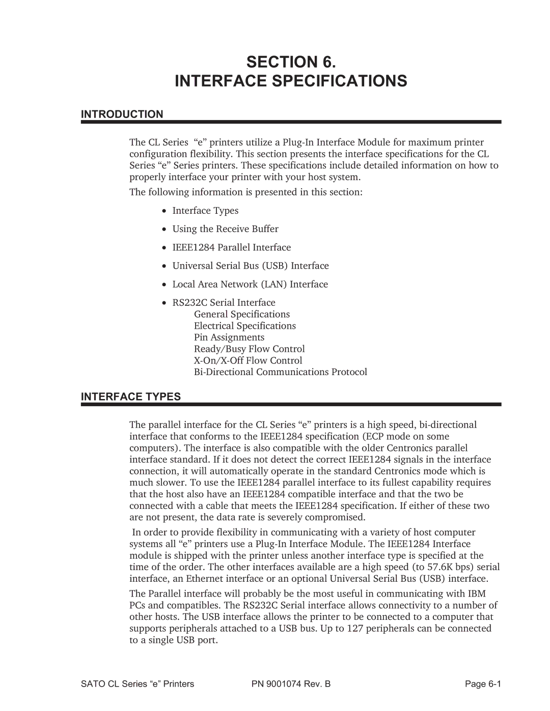 SATO 408e manual Section Interface Specifications, Interface Types 