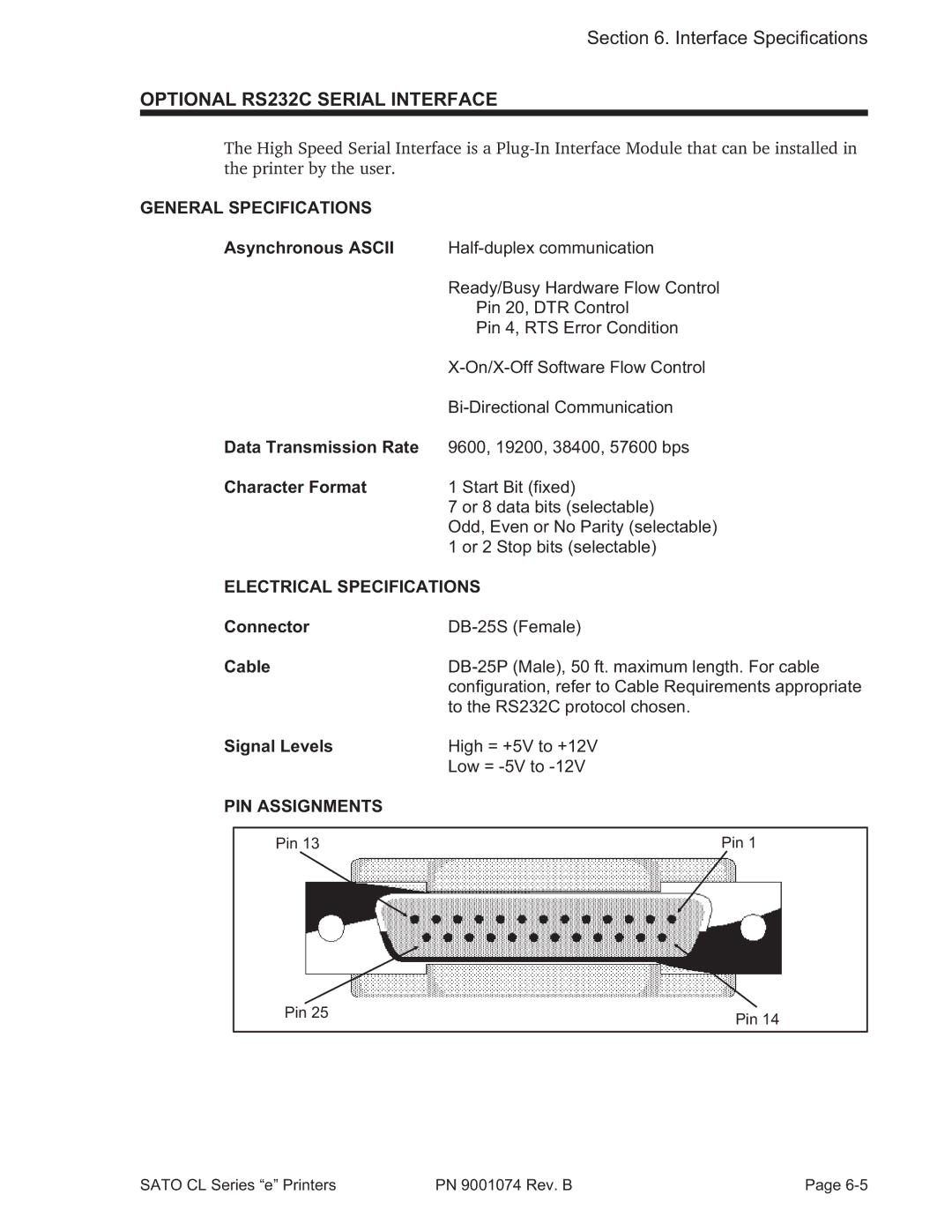 SATO 408e manual Optional RS232C Serial Interface, General Specifications, PIN Assignments 