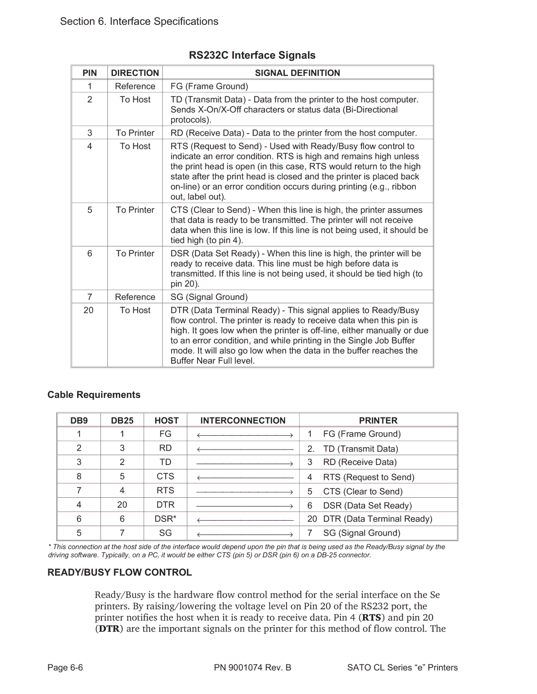 SATO 408e Cable Requirements, READY/BUSY Flow Control, PIN Direction Signal Definition, DB9, Host Interconnection Printer 