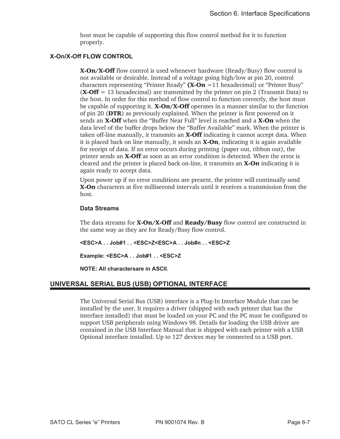 SATO 408e manual Universal Serial BUS USB Optional Interface, On/X-Off Flow Control, Data Streams 