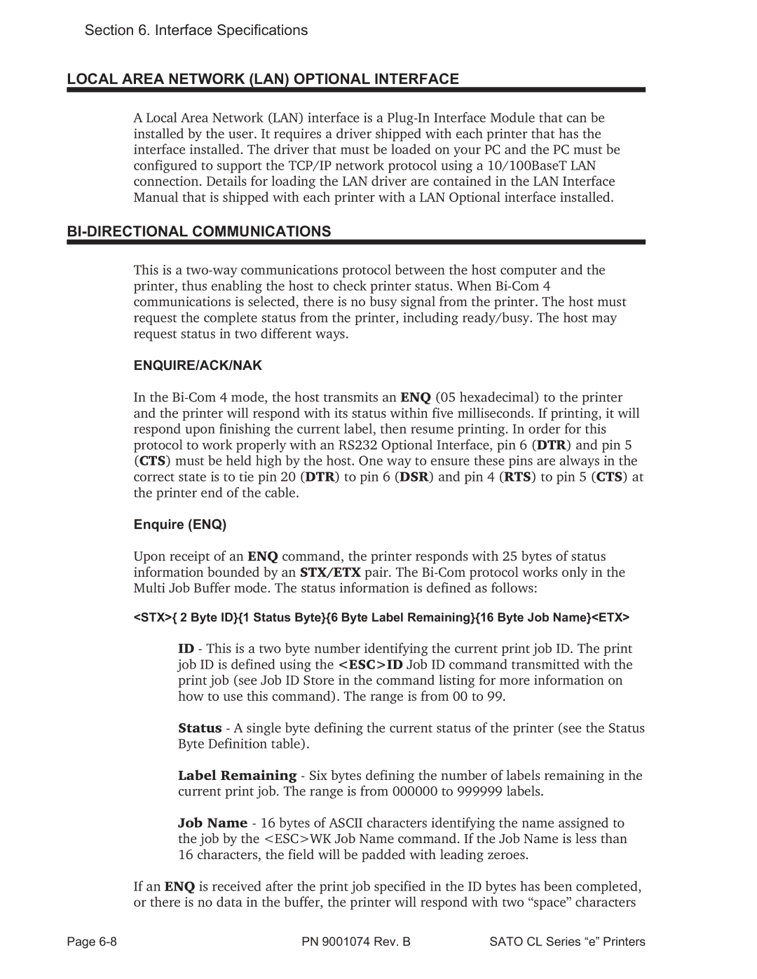 SATO 408e manual Local Area Network LAN Optional Interface, BI-DIRECTIONAL Communications, Enquire/Ack/Nak, Enquire ENQ 