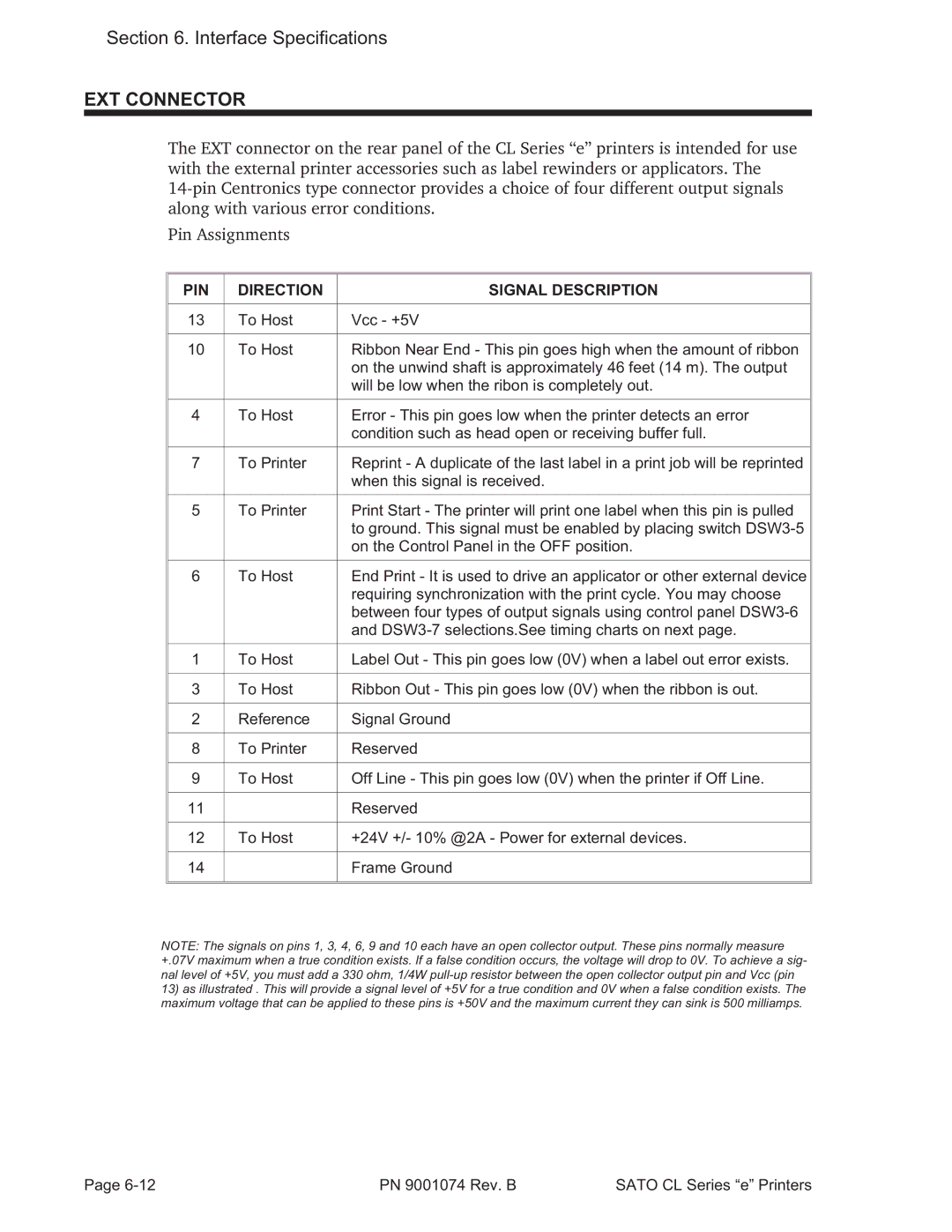 SATO 408e manual EXT Connector, PIN Direction Signal Description 