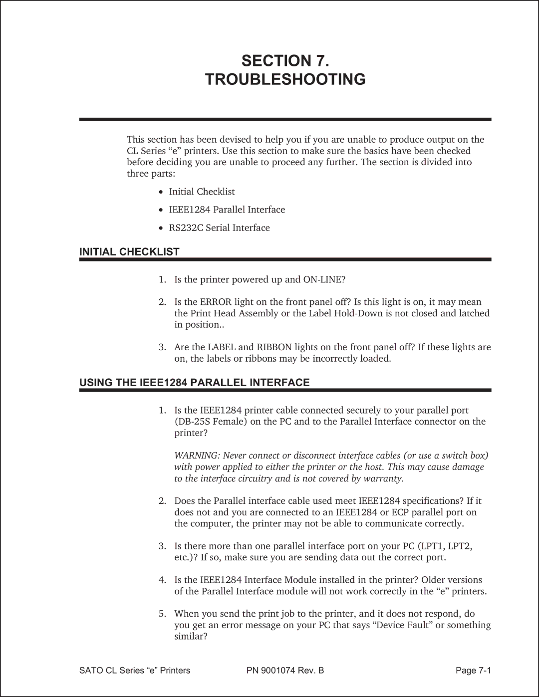 SATO 408e manual Section Troubleshooting, Initial Checklist, Using the IEEE1284 Parallel Interface 