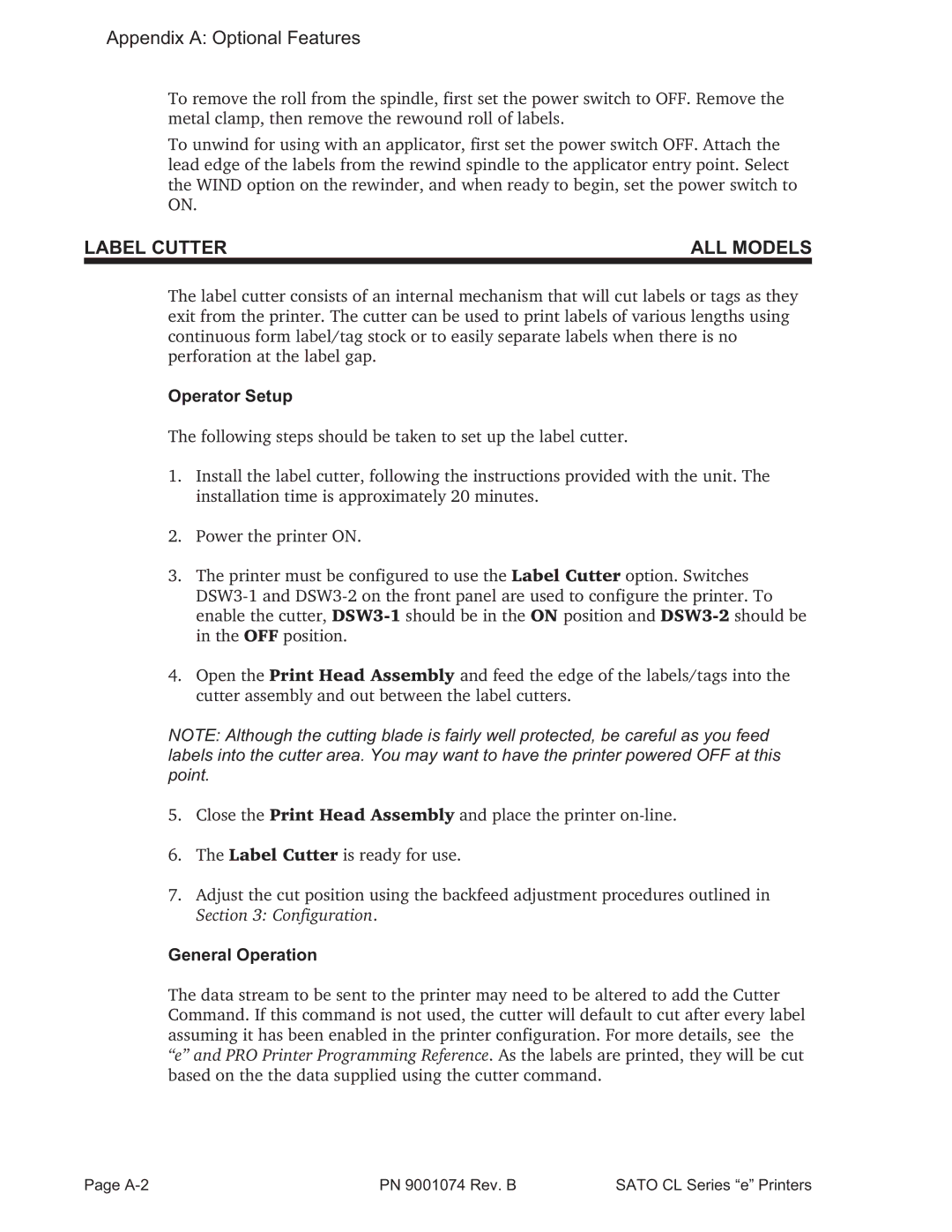 SATO 408e manual Label Cutter ALL Models, Operator Setup, General Operation 
