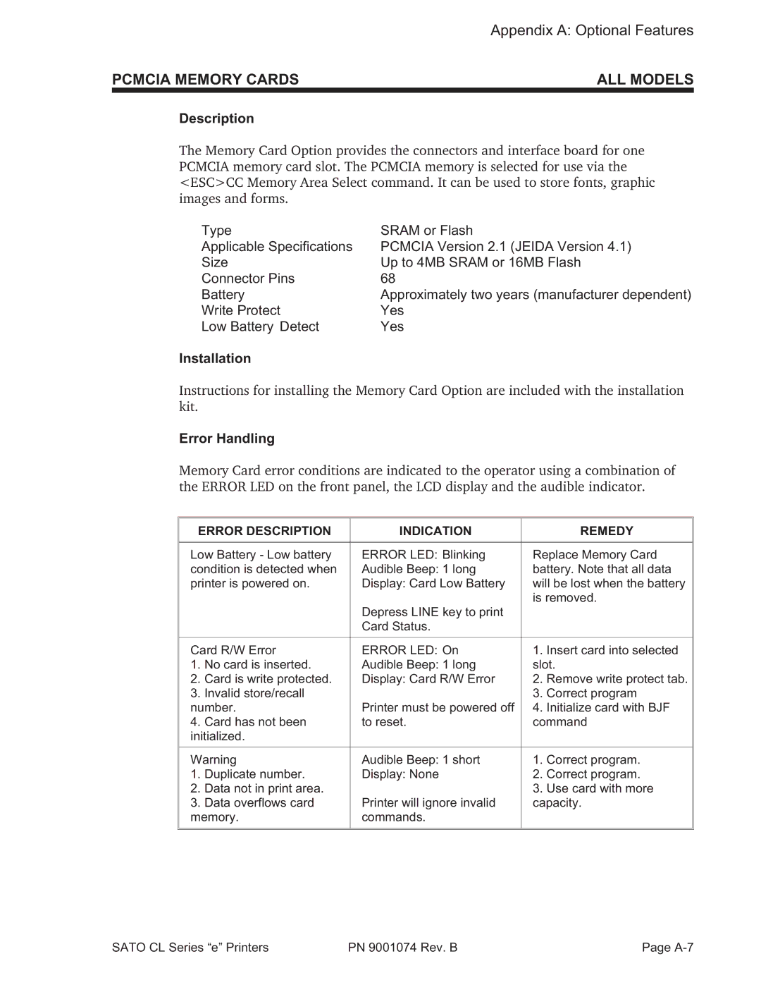 SATO 408e manual Pcmcia Memory Cards ALL Models, Error Handling, Error Description Indication Remedy 