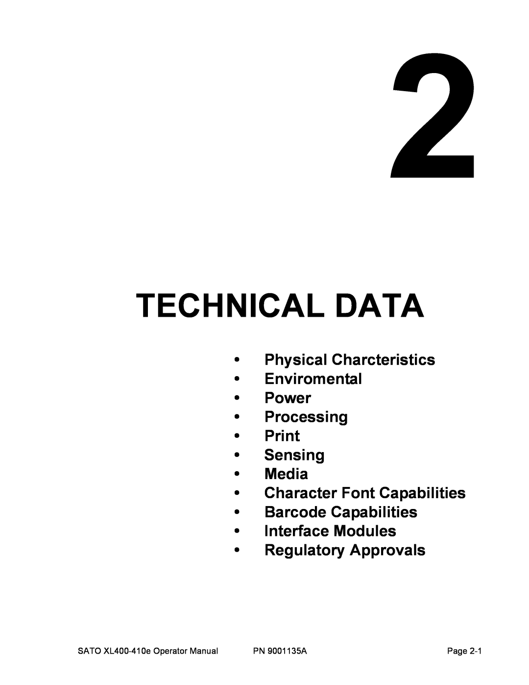 SATO 400e, 410e manual Technical Data, Physical Charcteristics Enviromental Power Processing Print Sensing 