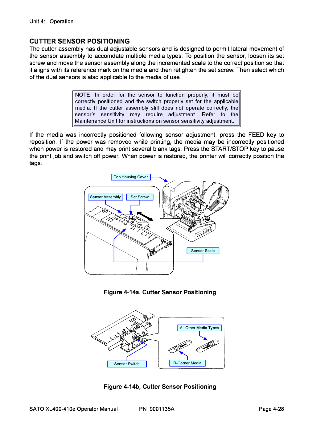 SATO 410e, 400e manual 14a, Cutter Sensor Positioning, 14b, Cutter Sensor Positioning 