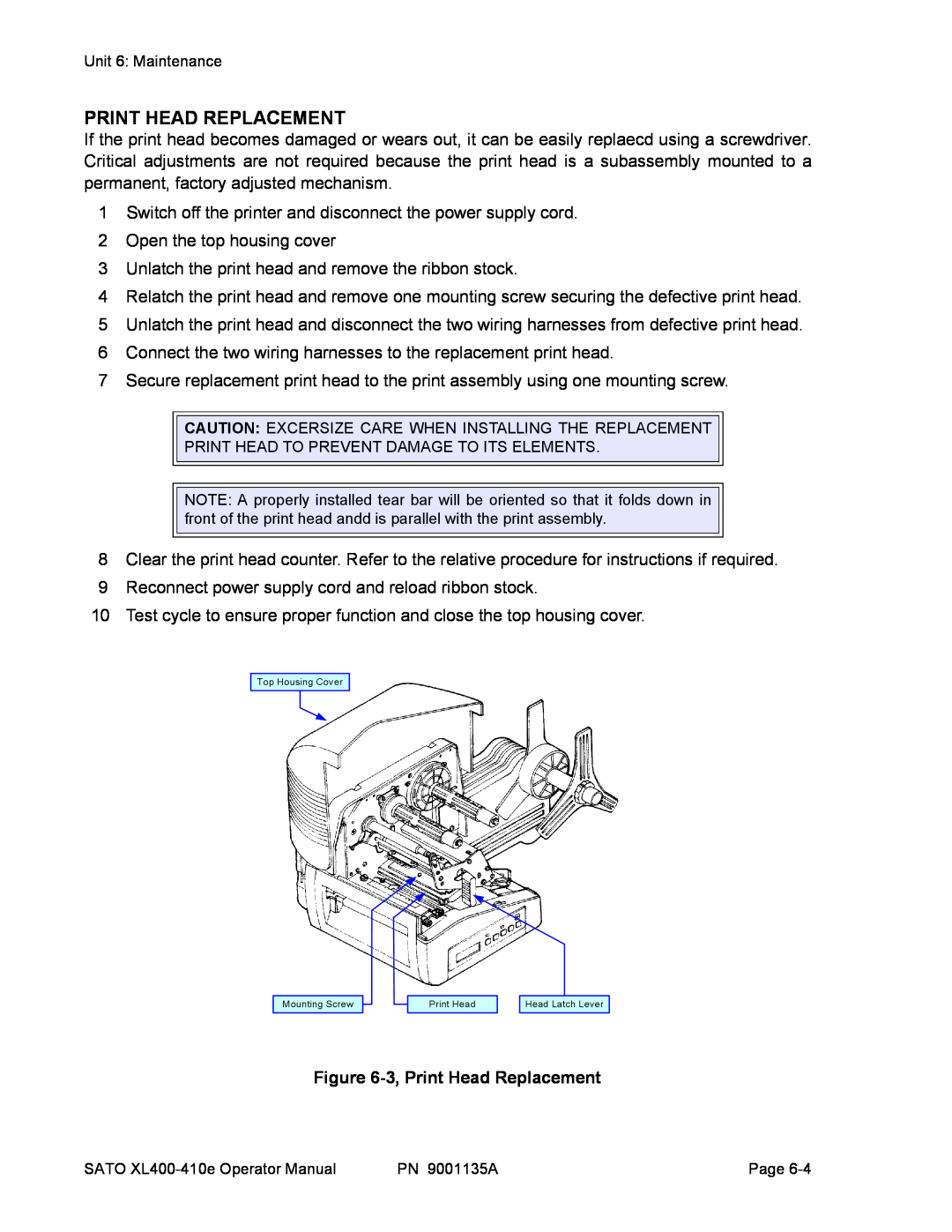 SATO 410e, 400e manual 3, Print Head Replacement 