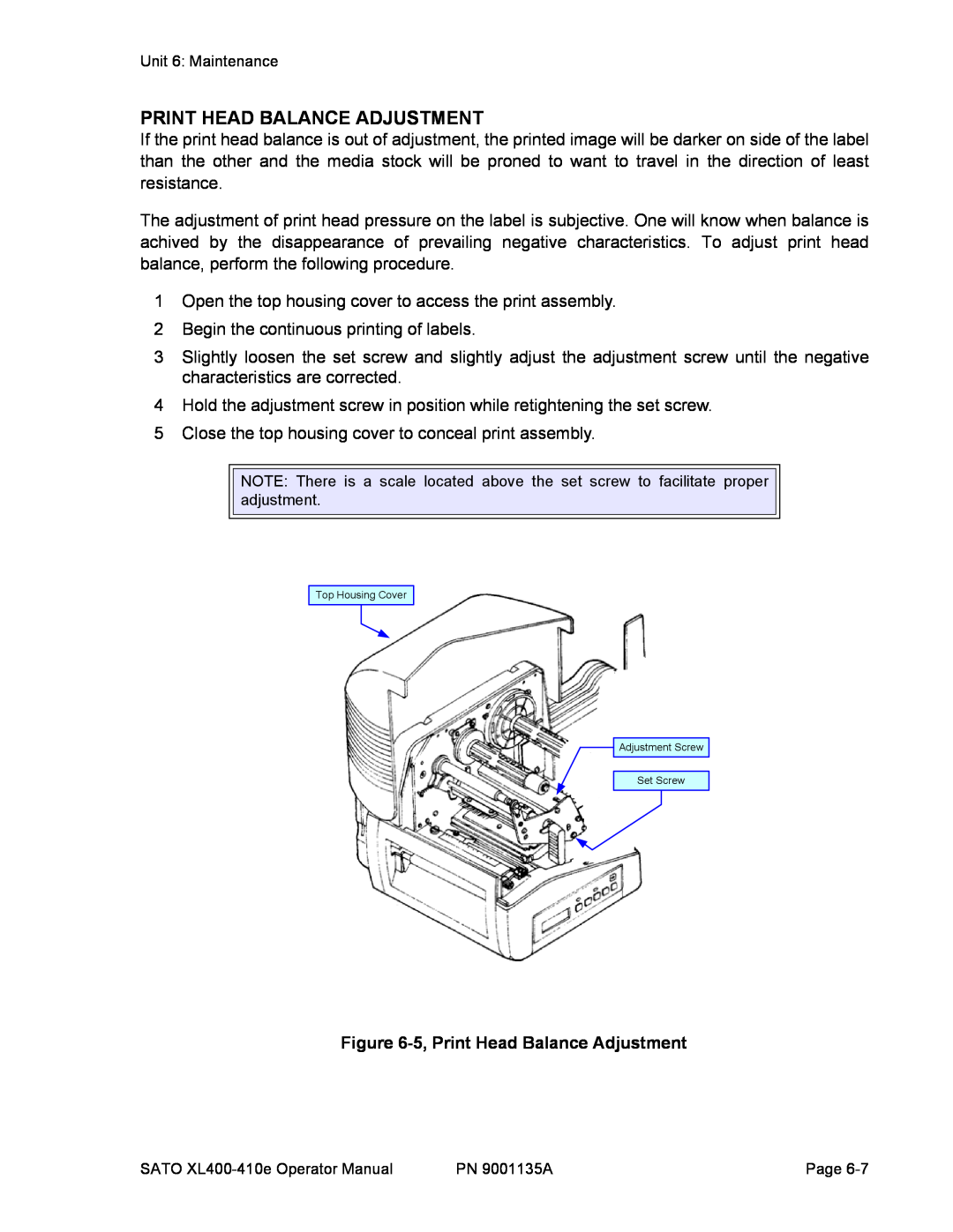 SATO 400e, 410e manual 5, Print Head Balance Adjustment 