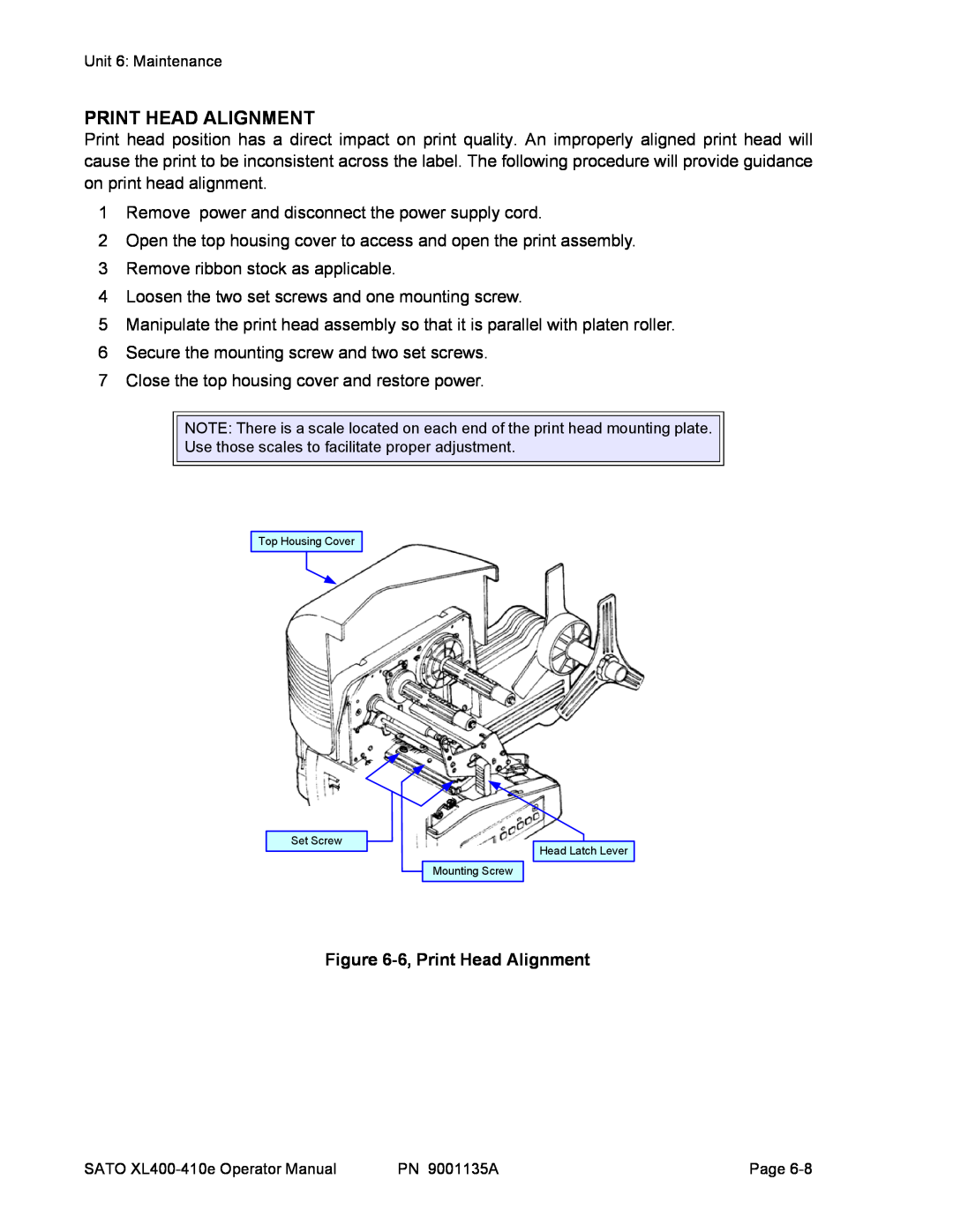 SATO 410e, 400e manual 6, Print Head Alignment 