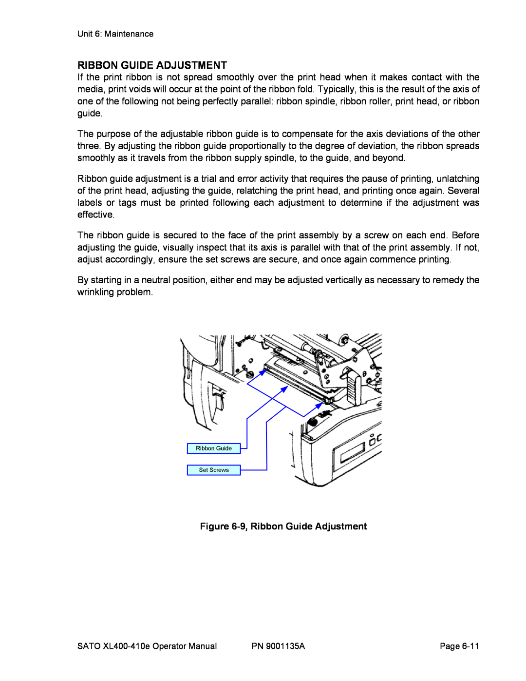SATO 400e, 410e manual 9, Ribbon Guide Adjustment 