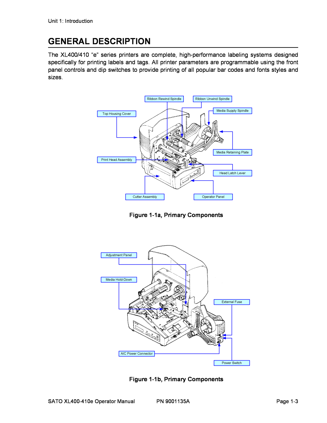 SATO 400e, 410e manual General Description, 1a, Primary Components, 1b, Primary Components 