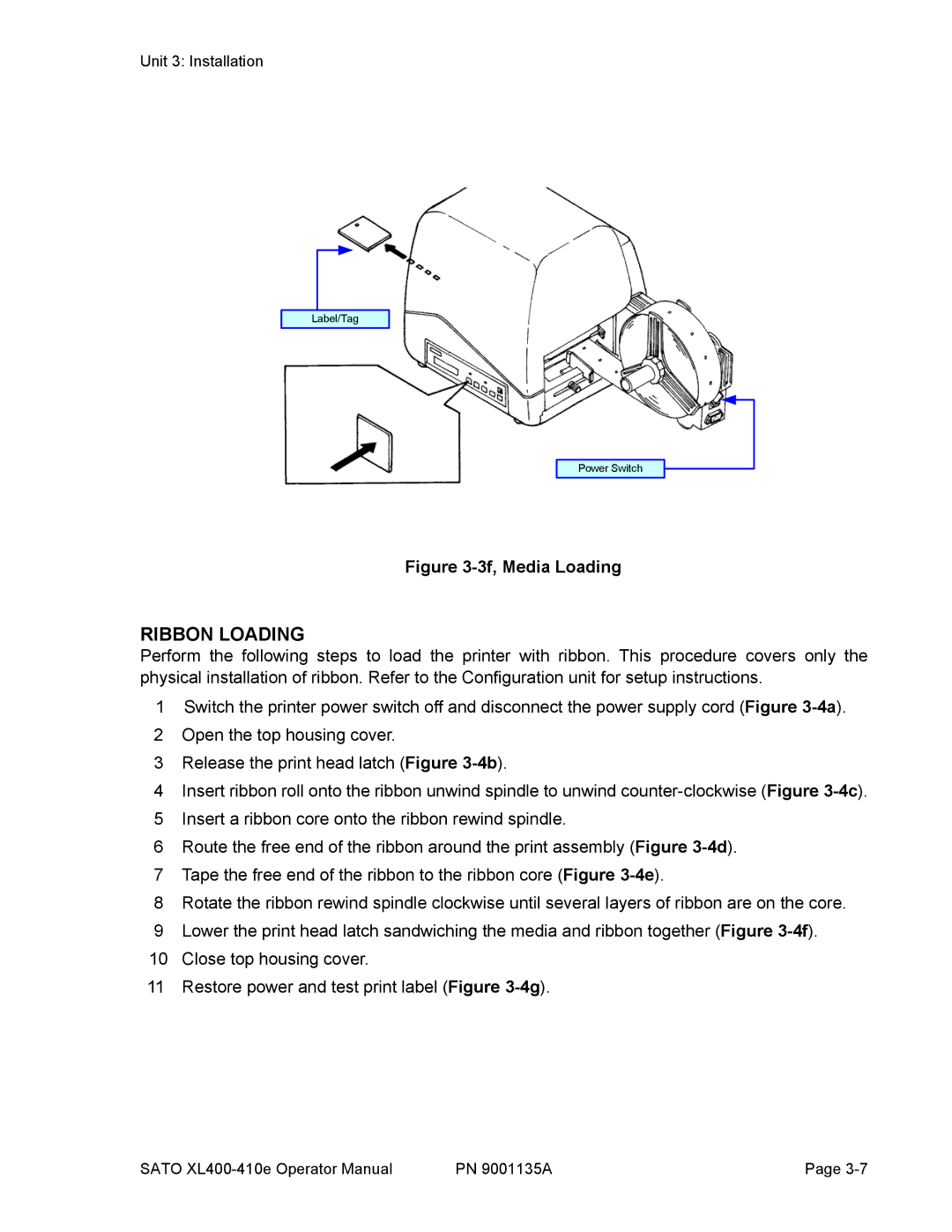 SATO 400e, 410e manual Ribbon Loading, 3f, Media Loading 