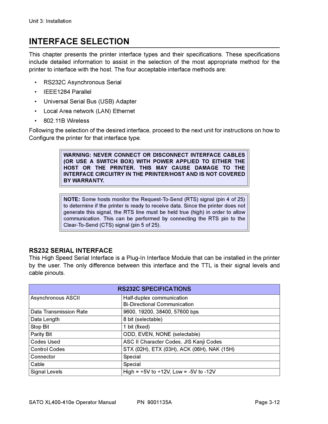 SATO 410e, 400e manual Interface Selection, RS232 Serial Interface, RS232C Specifications 