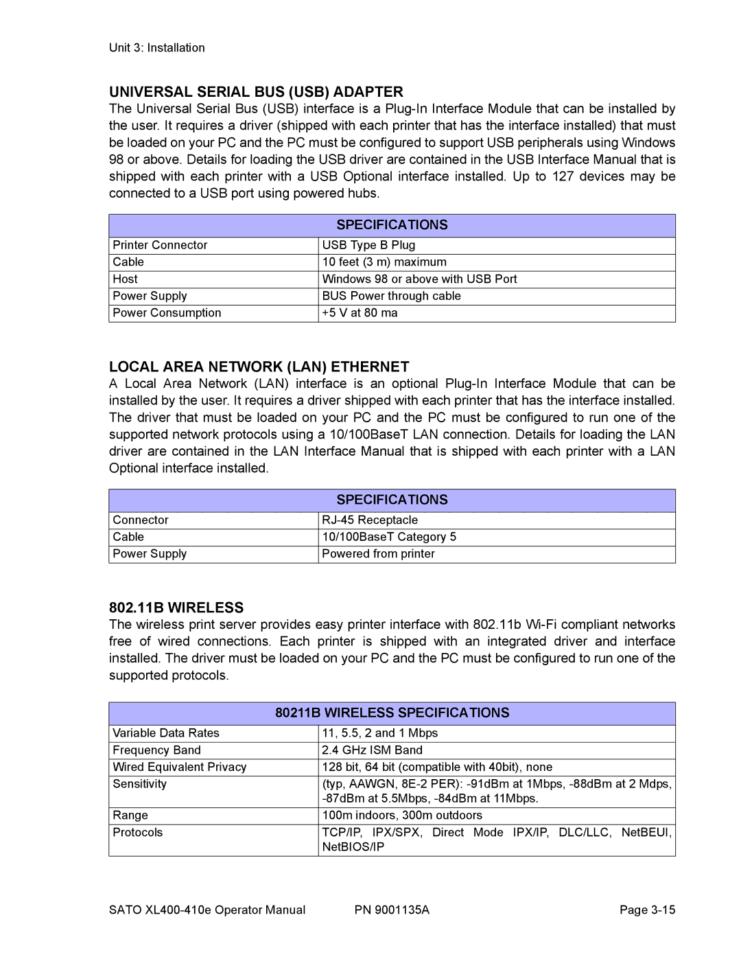 SATO 400e, 410e manual Universal Serial BUS USB Adapter, Local Area Network LAN Ethernet, 802.11B Wireless 