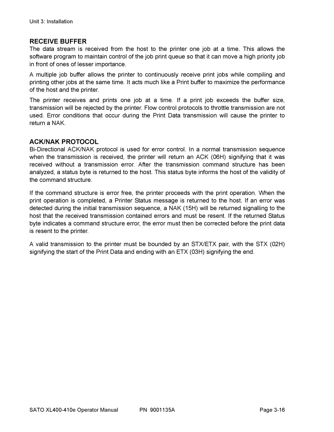 SATO 410e, 400e manual Receive Buffer, ACK/NAK Protocol 
