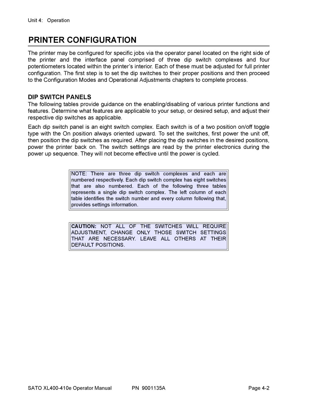 SATO 410e, 400e manual Printer Configuration, DIP Switch Panels 