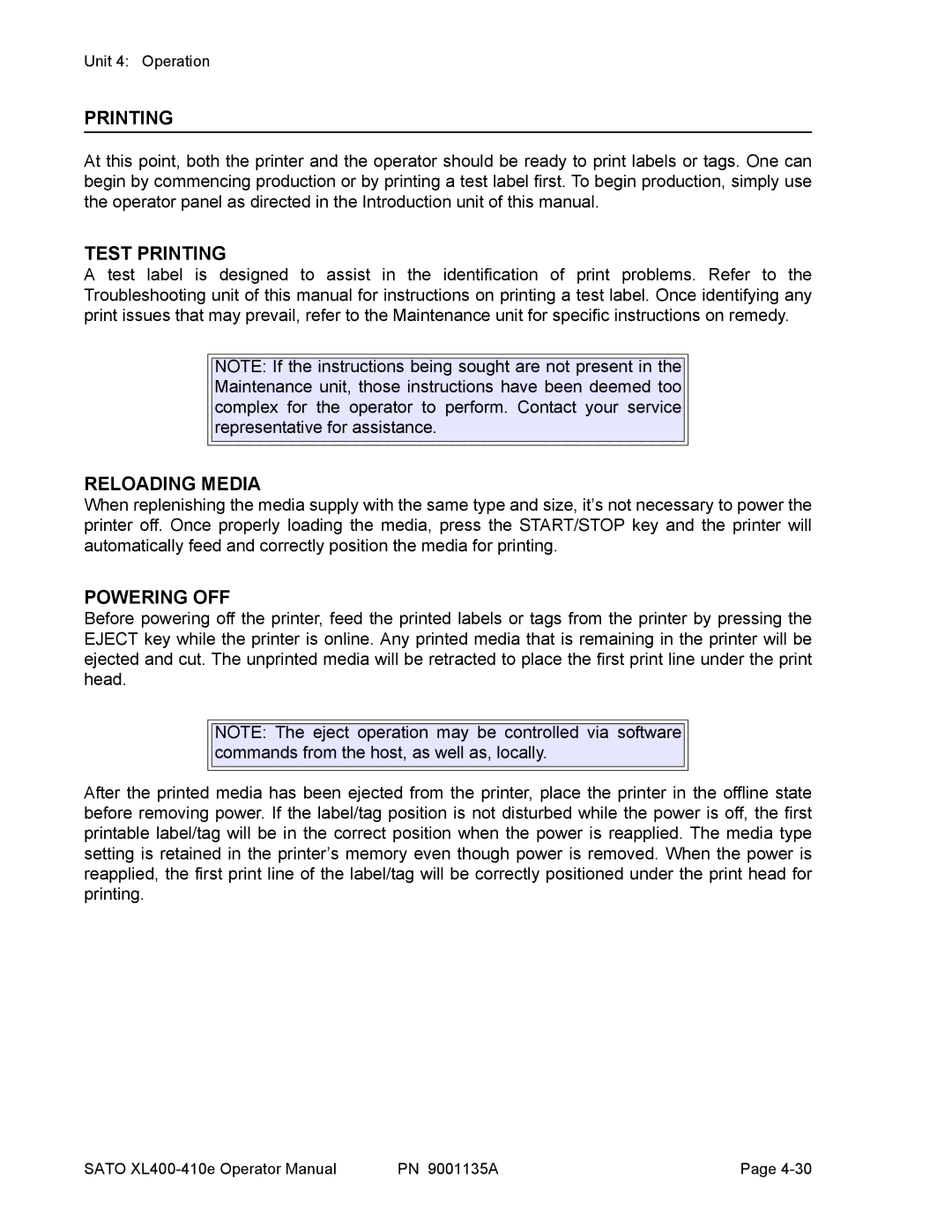 SATO 410e, 400e manual Test Printing, Reloading Media, Powering OFF 