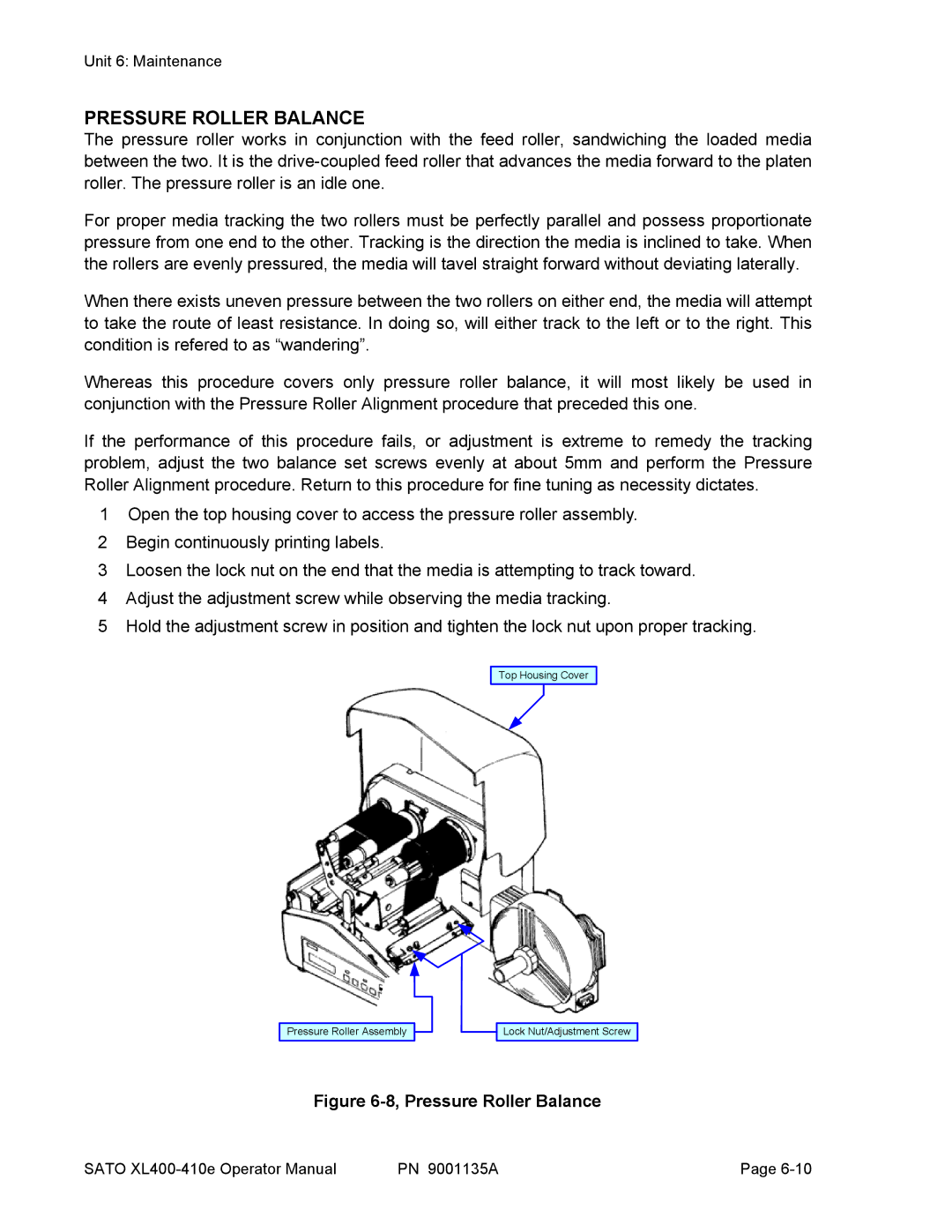 SATO 410e, 400e manual Pressure Roller Balance 