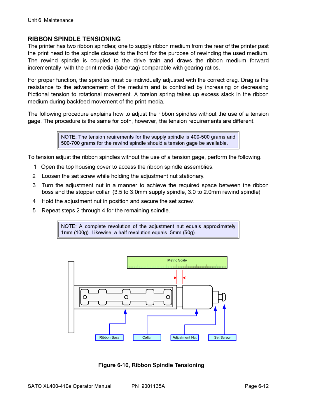 SATO 410e, 400e manual 10, Ribbon Spindle Tensioning 