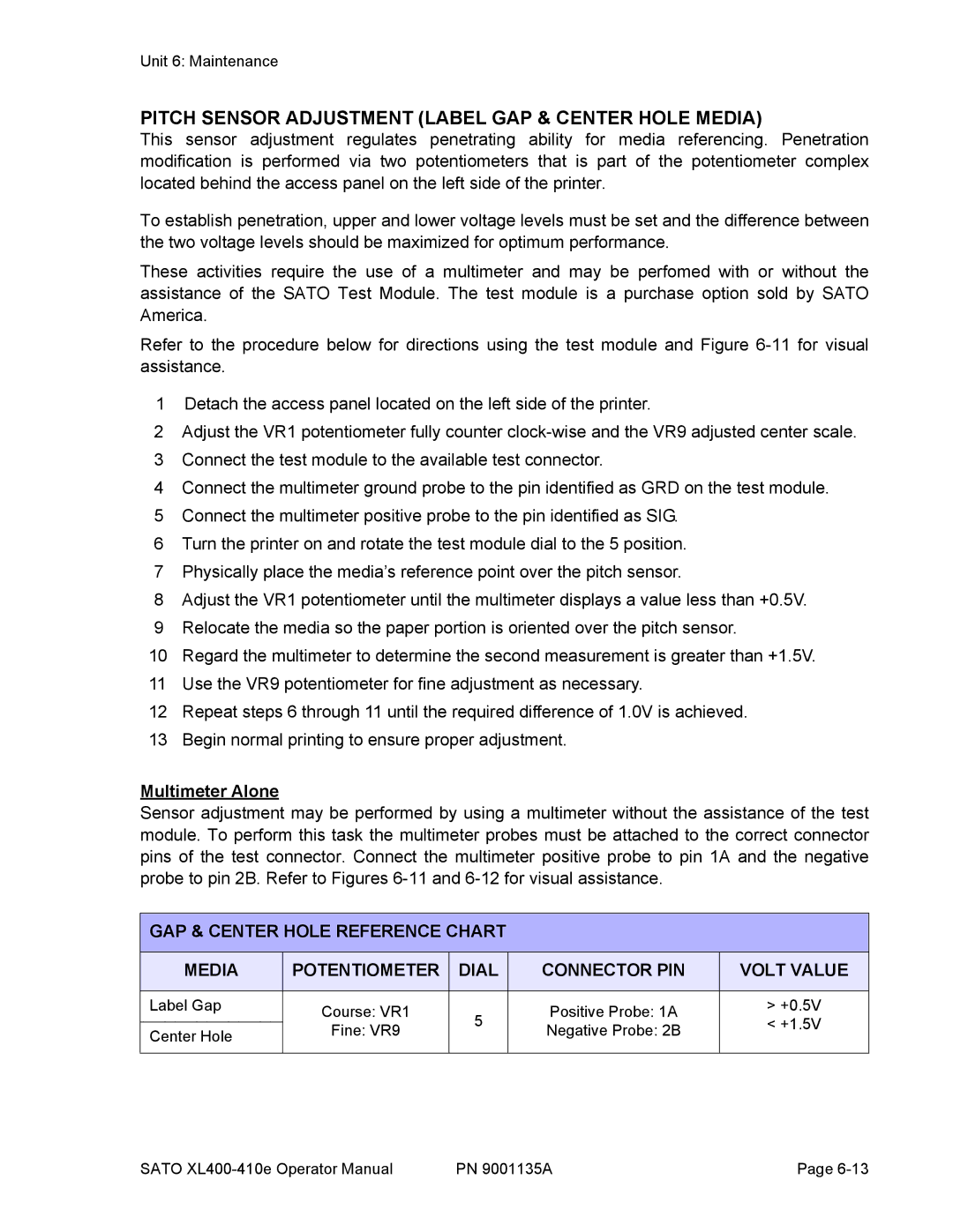 SATO 400e, 410e manual Pitch Sensor Adjustment Label GAP & Center Hole Media, Multimeter Alone 