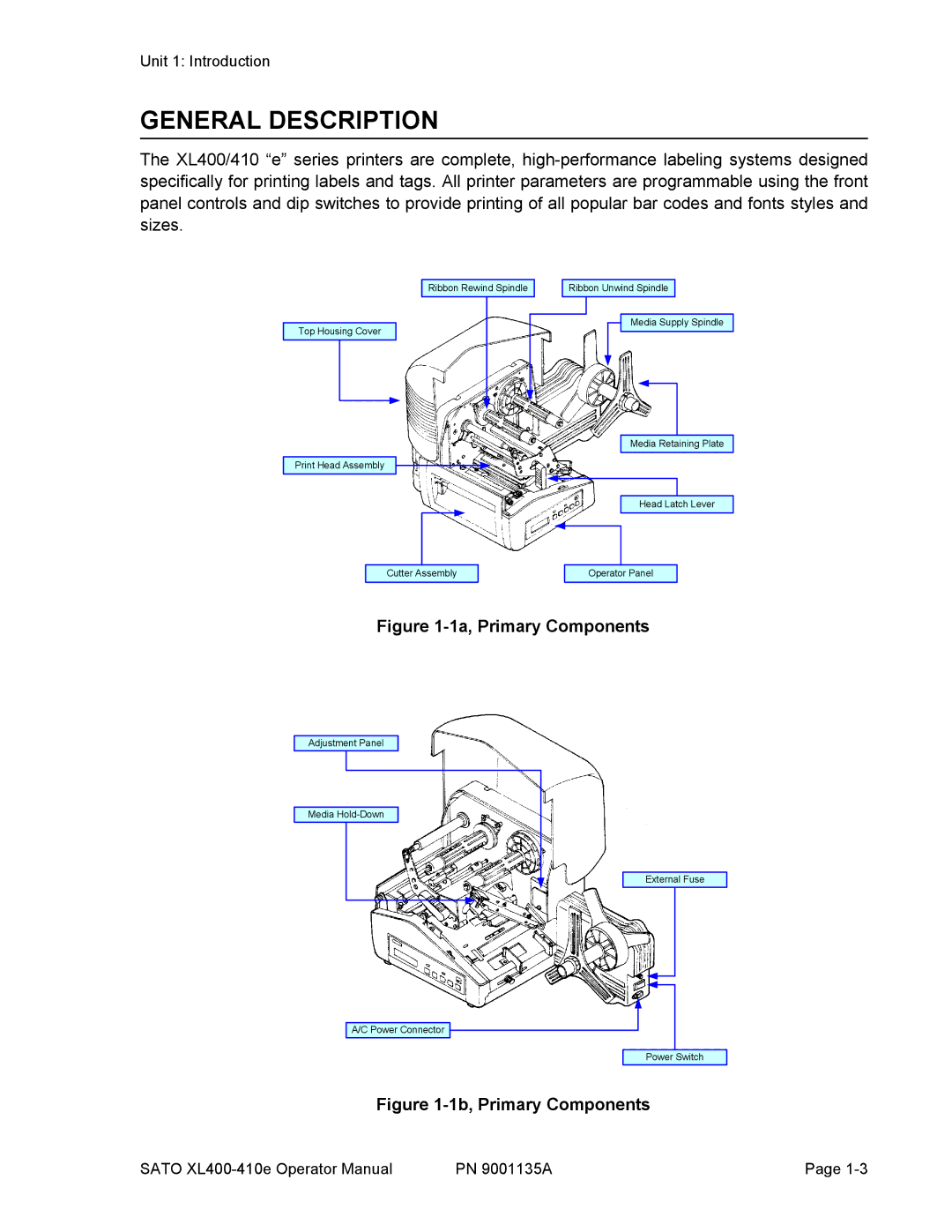 SATO 400e, 410e manual General Description, 1a, Primary Components 