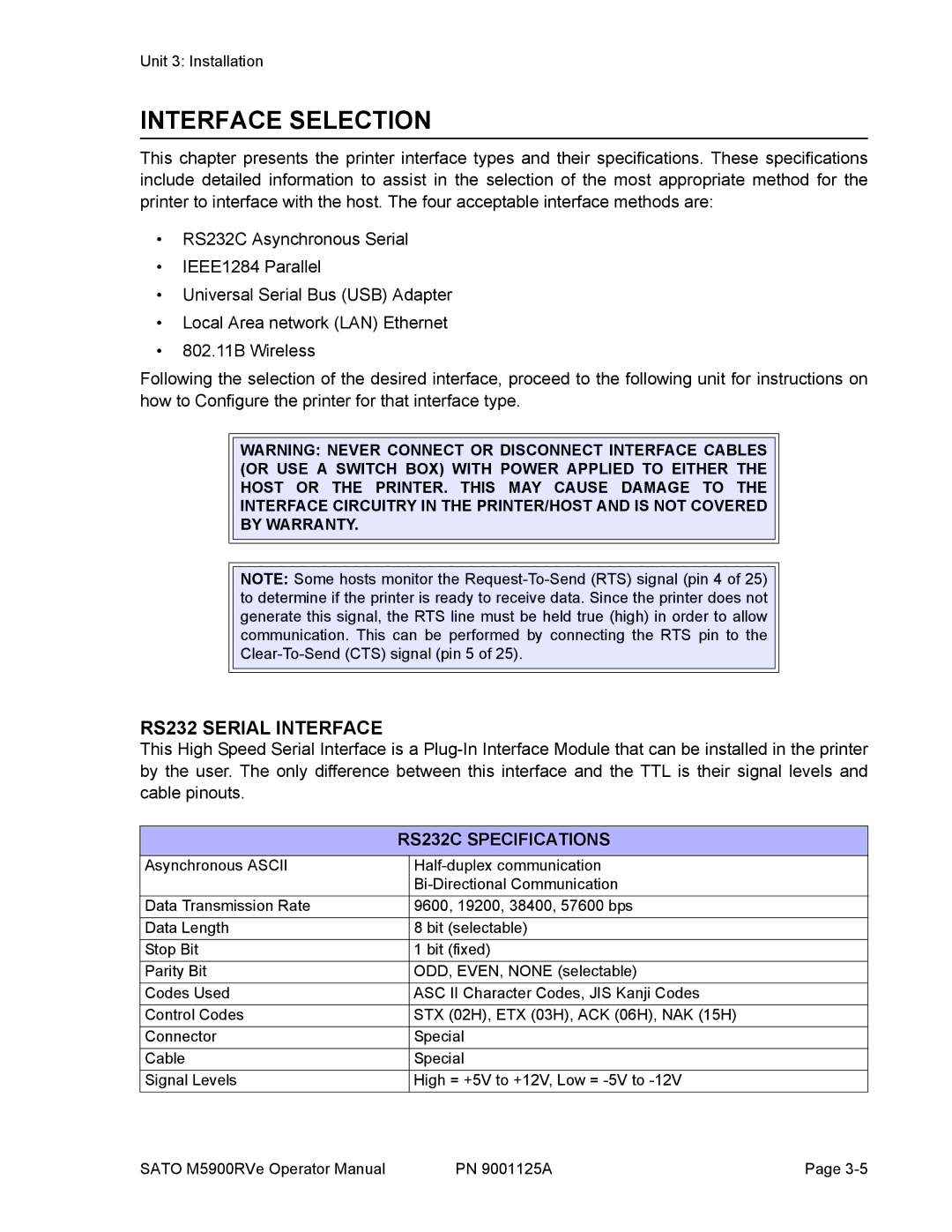 SATO 5900RVe manual Interface Selection, RS232 Serial Interface, RS232C Specifications 