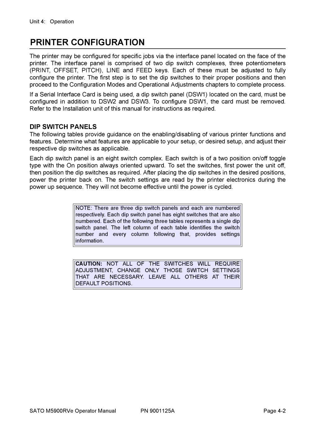 SATO 5900RVe manual Printer Configuration, DIP Switch Panels 