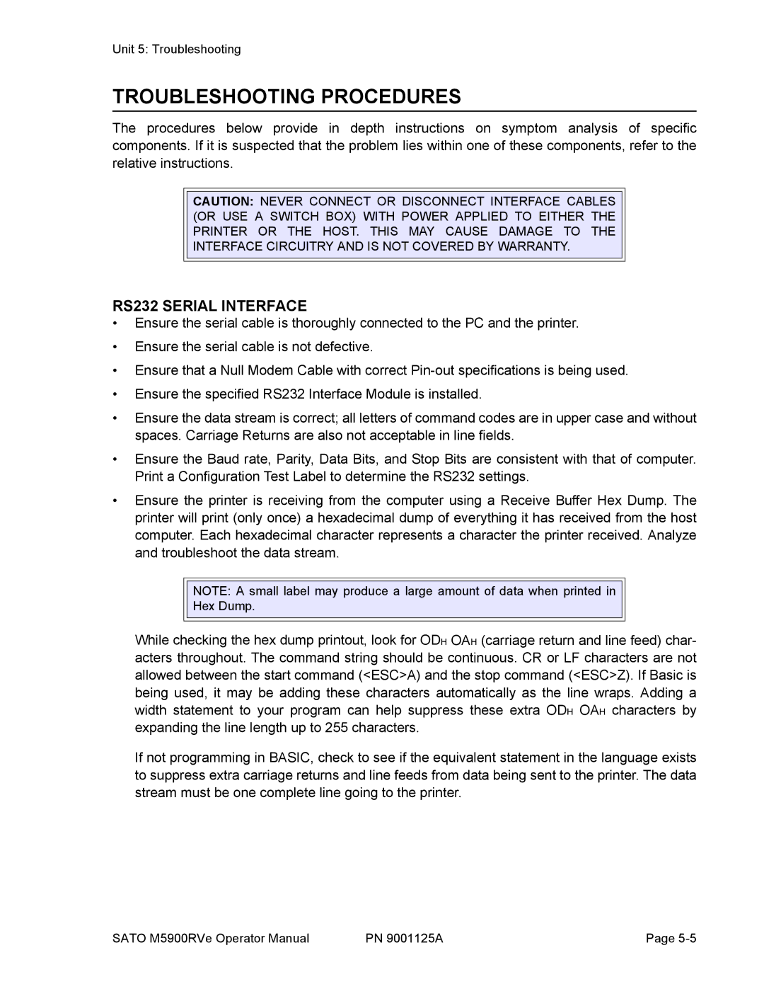 SATO 5900RVe manual Troubleshooting Procedures, RS232 Serial Interface 