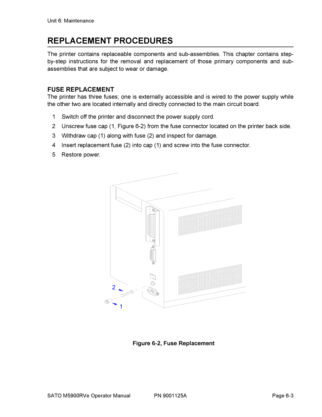 SATO 5900RVe manual Replacement Procedures, Fuse Replacement 