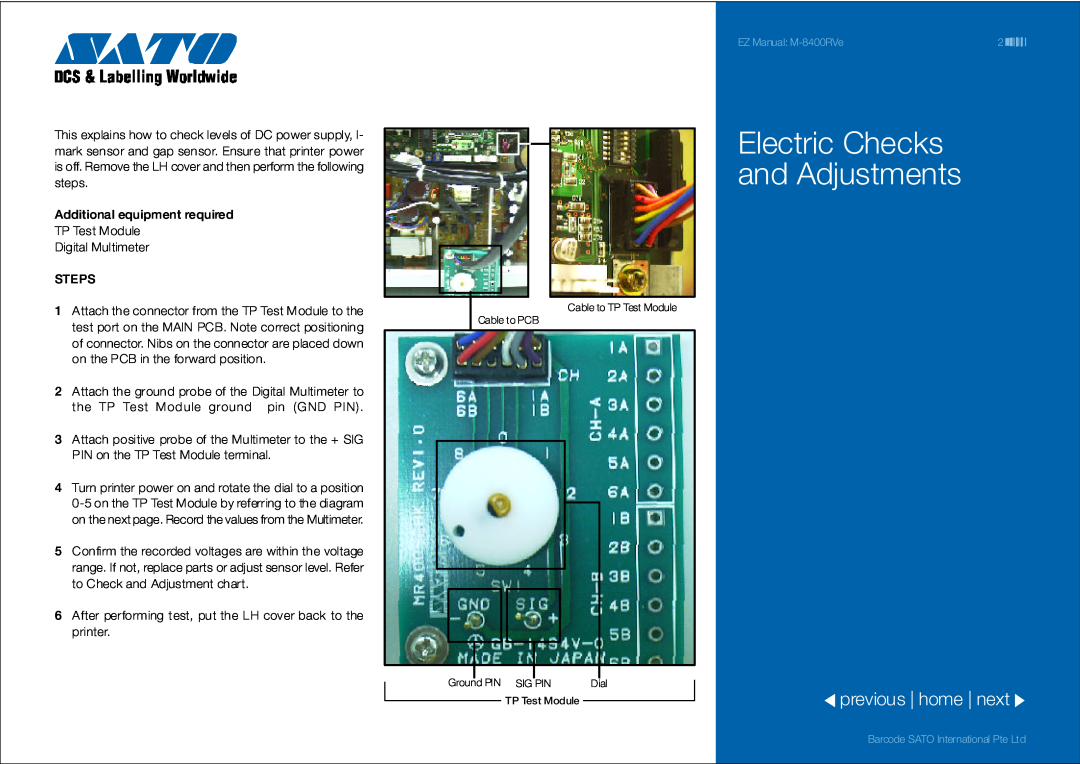 SATO 8400RVe manual Electric Checks and Adjustments, previous home next 