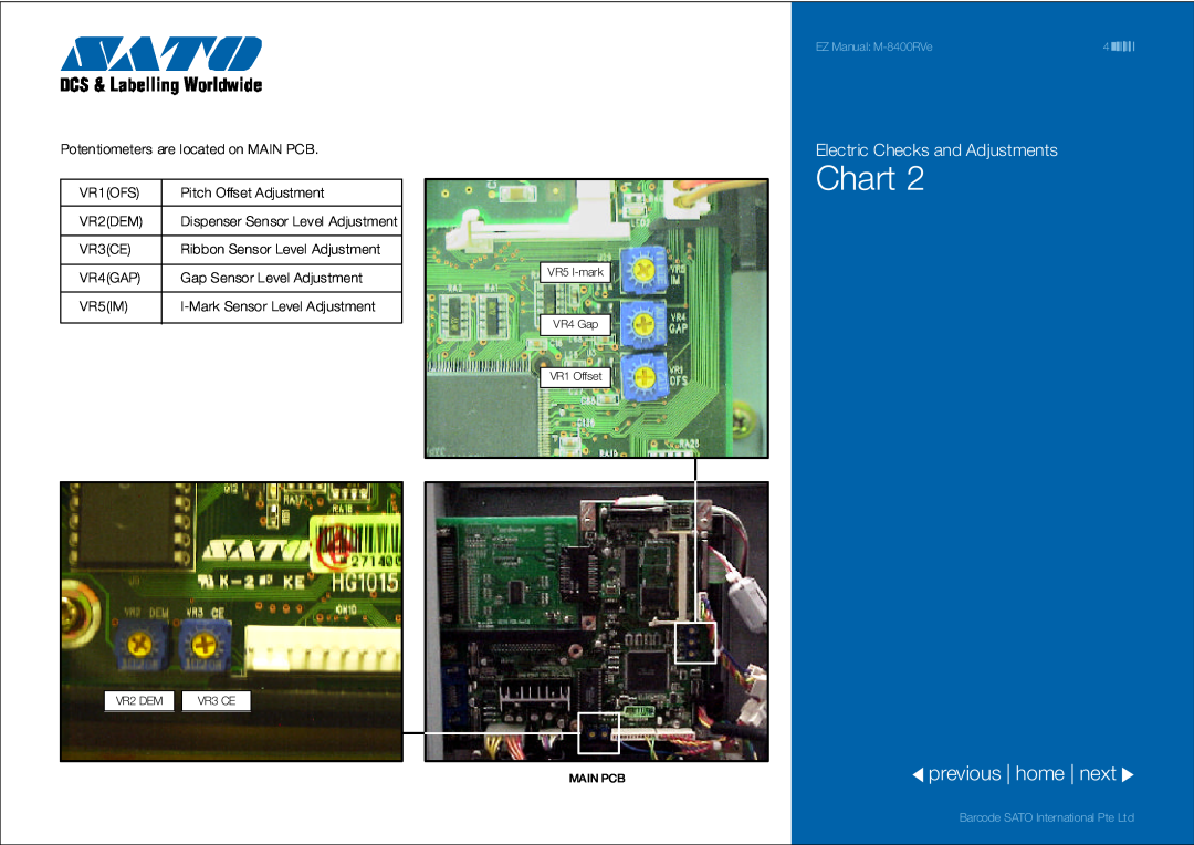 SATO 8400RVe manual Chart, previous home next, Electric Checks and Adjustments, Potentiometers are located on MAIN PCB 