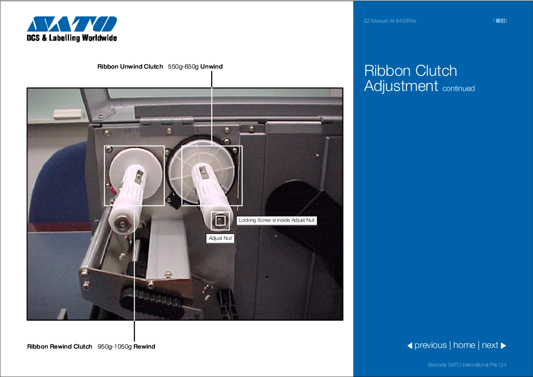 SATO 8400RVe manual Ribbon Clutch Adjustment continued, previous home next, Ribbon Unwind Clutch 550g-650g Unwind 