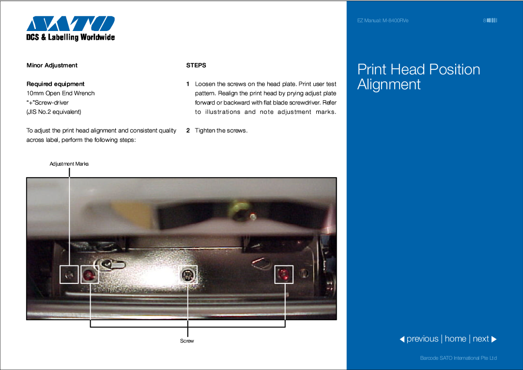 SATO 8400RVe manual Print Head Position Alignment, previous home next 