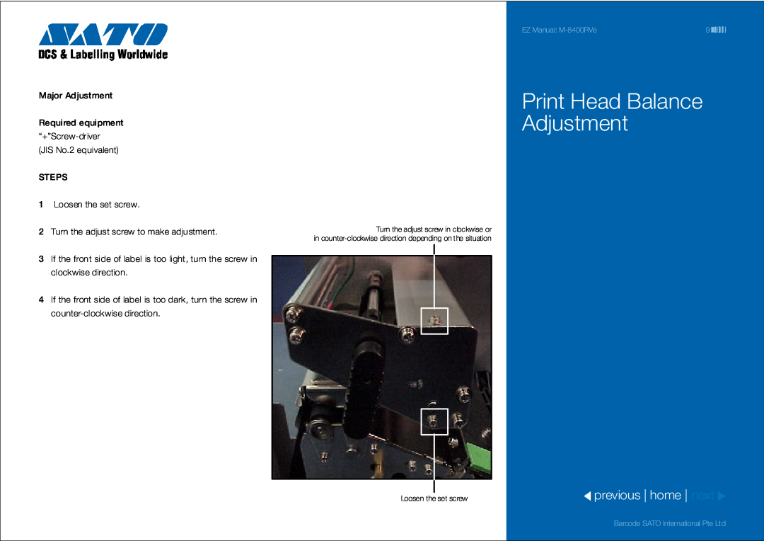 SATO 8400RVe manual Print Head Balance Adjustment, previous home next 