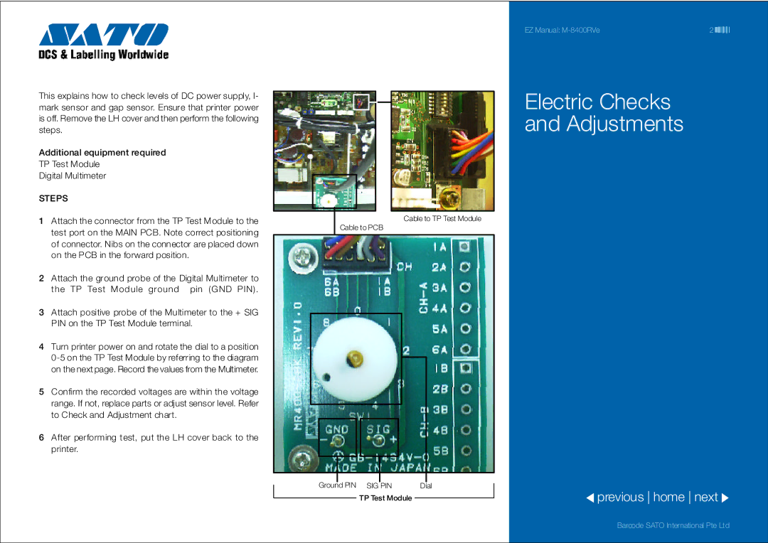 SATO 8400RVe manual Electric Checks Adjustments, Steps 